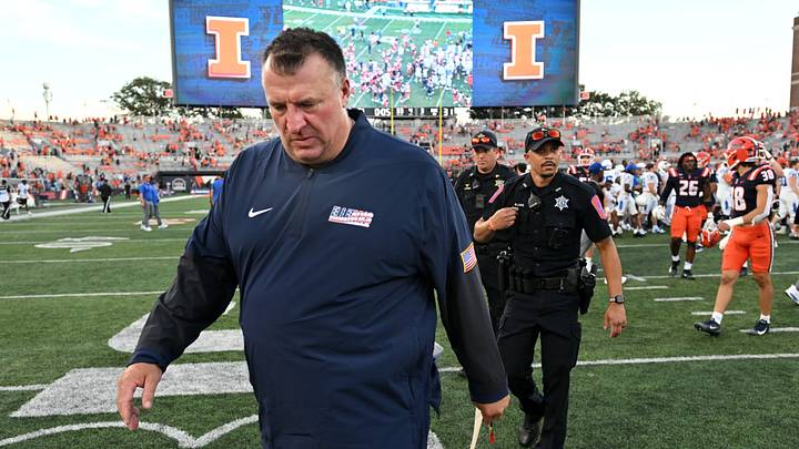 Sep 12, 2026; Champaign, Illinois, USA; Illinois Fighting Illini head coach Bret Bielema walks off the field after a 31-27 loss to the Duke Blue Devils at Gies Memorial Stadium. Mandatory Credit: Ron Johnson-Imagn Images Sep 12, 2026; Champaign, Illinois, USA; Illinois Fighting Illini head coach Bret Bielema walks off the field after a 31-27 loss to the Duke Blue Devils at Gies Memorial Stadium. Mandatory Credit: Ron Johnson-Imagn Images