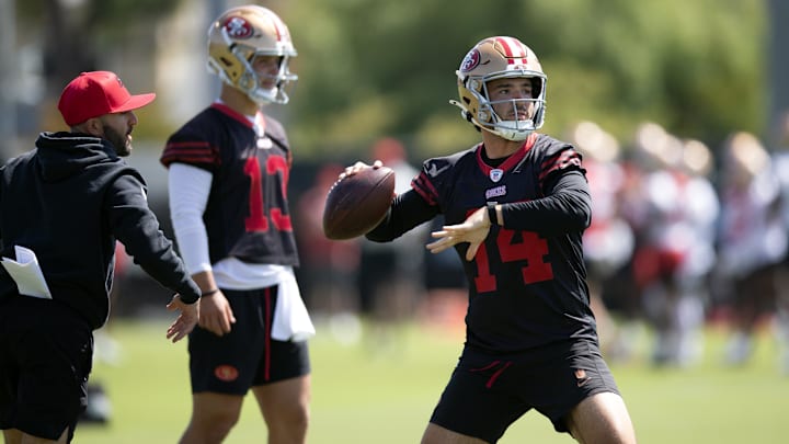 Jun 11, 2025; Santa Clara, CA, USA; San Francisco 49ers quarterback Tanner Mordecai (14) throws a pass during a team OTA at Levi's Stadium. Mandatory Credit: D. Ross Cameron-Imagn Images