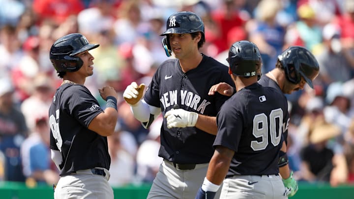 Mar 4, 2025; Clearwater, Florida, USA; New York Yankees outfielder Spencer Jones (78) runs the bases after hitting a three-run home run against the Philadelphia Phillies in the third inning during spring training at BayCare Ballpark. Mandatory Credit: Nathan Ray Seebeck-Imagn Images