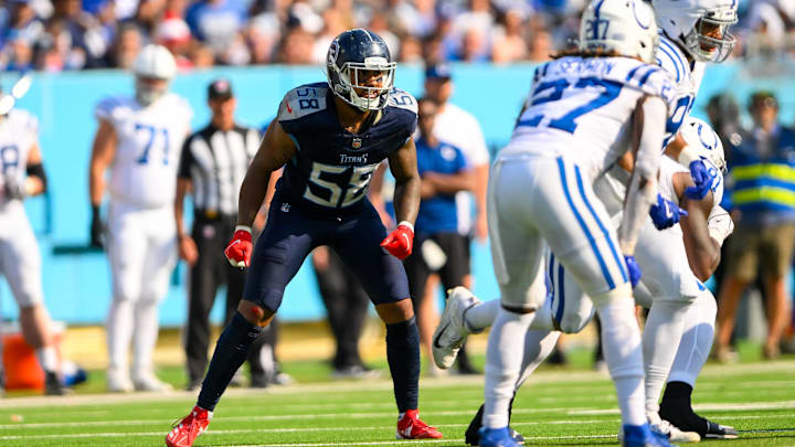 Oct 13, 2024; Nashville, Tennessee, USA;  Tennessee Titans linebacker Harold Landry III (58) against the Indianapolis Colts during the second half at Nissan Stadium. Mandatory Credit: Steve Roberts-Imagn Images