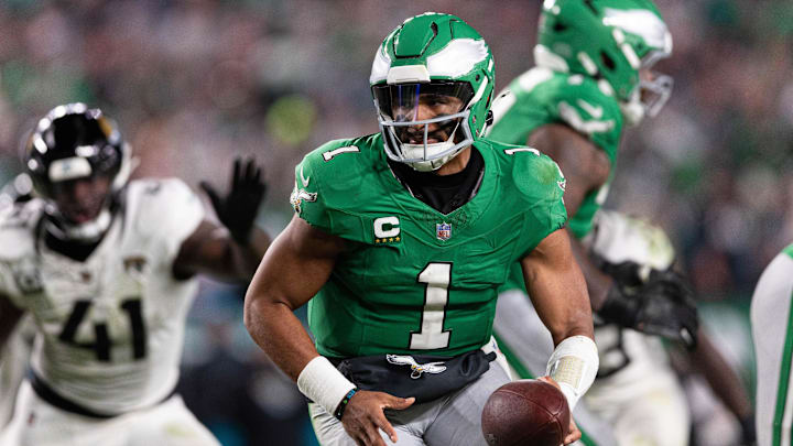 Nov 3, 2024; Philadelphia, Pennsylvania, USA; Philadelphia Eagles quarterback Jalen Hurts (1) in action against the Jacksonville Jaguars at Lincoln Financial Field. Mandatory Credit: Bill Streicher-Imagn Images