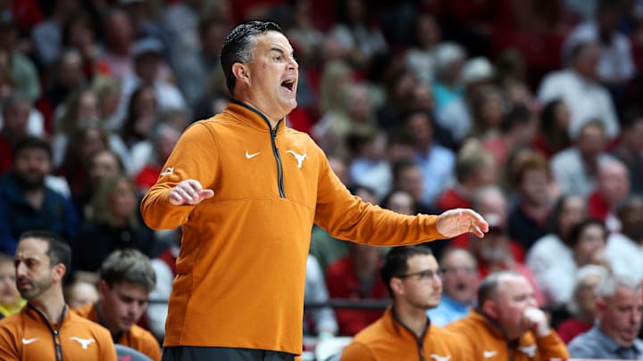 Texas Longhorns Basketball head coach Sean Miller watches on as his team takes down the Alabama Crimson Tide