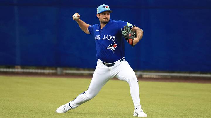 Feb 11, 2026; Dunedin, FL, USA;  Toronto Blue Jays pitcher Connor Seabold (91) works out for spring training practice at Blue Jays Player Development Complex. Mandatory Credit: Kim Klement Neitzel-Imagn Images