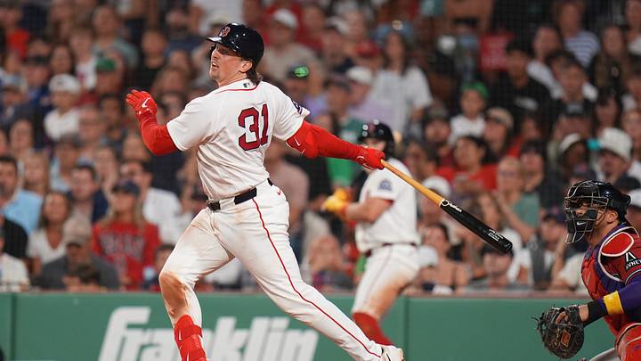 Aug 17, 2026; Boston, Massachusetts, USA; Boston Red Sox catcher Adley Rutschman (31) hits a double to left field to drive in a run against the Arizona Diamondbacks in the sixth inning at Fenway Park. Mandatory Credit: David Butler II-Imagn Images Aug 17, 2026; Boston, Massachusetts, USA; Boston Red Sox catcher Adley Rutschman (31) hits a double to left field to drive in a run against the Arizona Diamondbacks in the sixth inning at Fenway Park. Mandatory Credit: David Butler II-Imagn Images