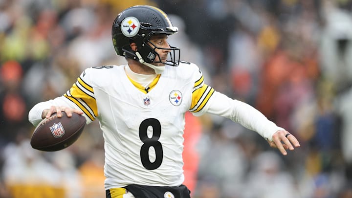 Dec 28, 2025; Cleveland, Ohio, USA;  Pittsburgh Steelers quarterback Aaron Rodgers (8) looks to throw in the first quarter against the Cleveland Browns at Huntington Bank Field. Mandatory Credit: Scott Galvin-Imagn Images