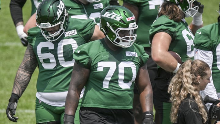 Jun 11, 2025; Florham Park, NY, USA; New York Jets offensive tackle Armand Membou (70) participates in a drill during minicamp at Atlantic Health Jets Training Center. Mandatory Credit: John Jones-Imagn Images