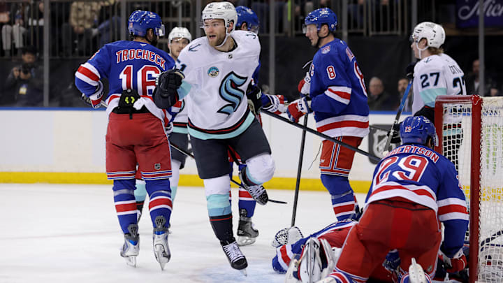 Jan 12, 2026; New York, New York, USA; Seattle Kraken center Shane Wright (51) celebrates his goal against New York Rangers goaltender Jonathan Quick (32) and defenseman Matthew Robertson (29) during the third period at Madison Square Garden. Mandatory Credit: Brad Penner-Imagn Images Jan 12, 2026; New York, New York, USA; Seattle Kraken center Shane Wright (51) celebrates his goal against New York Rangers goaltender Jonathan Quick (32) and defenseman Matthew Robertson (29) during the third period at Madison Square Garden. Mandatory Credit: Brad Penner-Imagn Images