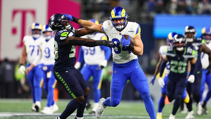 Jan 25, 2026; Seattle, WA, USA; Los Angeles Rams tight end Colby Parkinson (84) runs against Seattle Seahawks linebacker Derick Hall (58) during the second half in the 2026 NFC Championship Game at Lumen Field. Mandatory Credit: Kevin Ng-Imagn Images Jan 25, 2026; Seattle, WA, USA; Los Angeles Rams tight end Colby Parkinson (84) runs against Seattle Seahawks linebacker Derick Hall (58) during the second half in the 2026 NFC Championship Game at Lumen Field. Mandatory Credit: Kevin Ng-Imagn Images