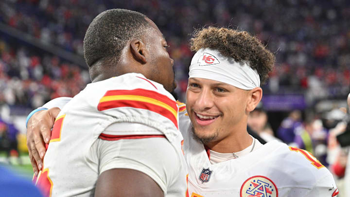Oct 8, 2023; Minneapolis, Minnesota, USA; Kansas City Chiefs quarterback Patrick Mahomes (15) and defensive tackle Chris Jones (95) react after the game against the Minnesota Vikings at U.S. Bank Stadium. Mandatory Credit: Jeffrey Becker-USA TODAY Sports