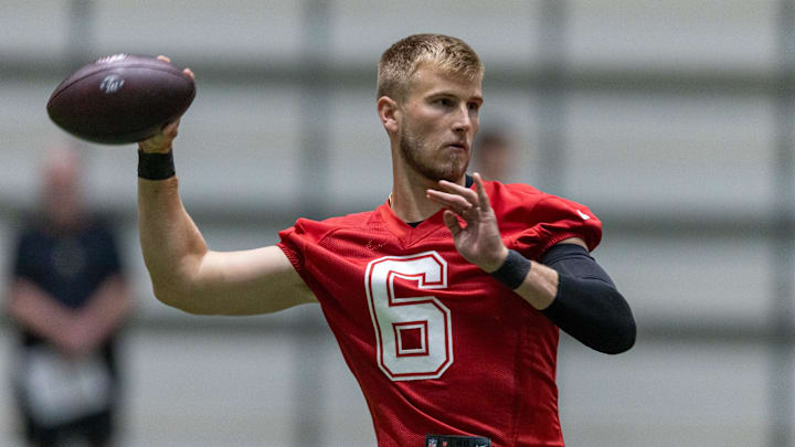 May 10, 2025; New Orleans, LA, USA;  New Orleans Saints quarterback Tyler Shough (6) during rookie minicamp at Ochsner Sports Performance Center. Mandatory Credit: Stephen Lew-Imagn Images