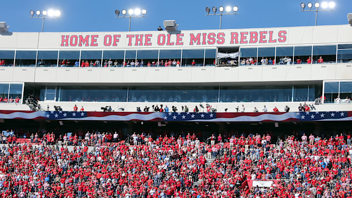 Nov 4, 2023; Oxford, Mississippi, USA; Mississippi Rebels fans during the national anthem prior to