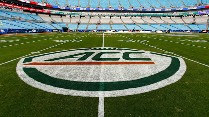 Dec 2, 2017; Charlotte, NC, USA; A view of the ACC logo on the field prior to the game between the Clemson Tigers and the Miami Hurricanes in the ACC championship game at Bank of America Stadium. Dec 2, 2017; Charlotte, NC, USA; A view of the ACC logo on the field prior to the game between the Clemson Tigers and the Miami Hurricanes in the ACC championship game at Bank of America Stadium.