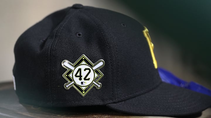 A Pittsburgh Pirates hat with the "Jackie Robinson Day" logo in the dugout against the Washington Nationals during the seventh inning at PNC Park. 