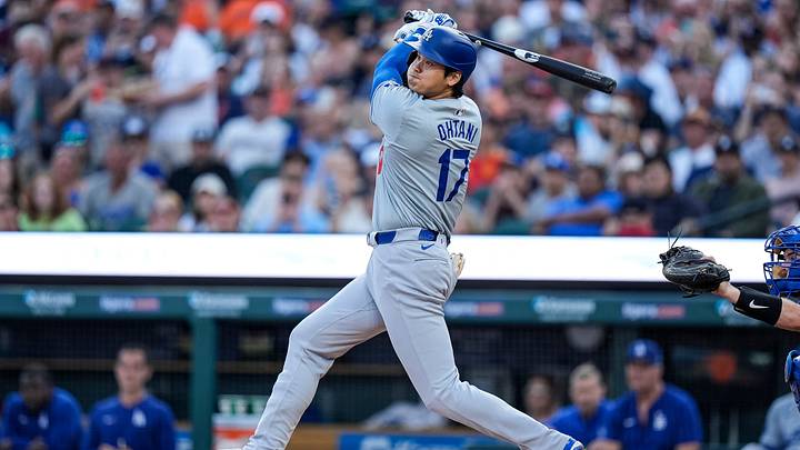 L. A. Dodgers designated hitter Shohei Ohtani (17) bats against Detroit Tigers during the fifth inning at Comerica Park in Detroit on Friday, July 12, 2024. L. A. Dodgers designated hitter Shohei Ohtani (17) bats against Detroit Tigers during the fifth inning at Comerica Park in Detroit on Friday, July 12, 2024.