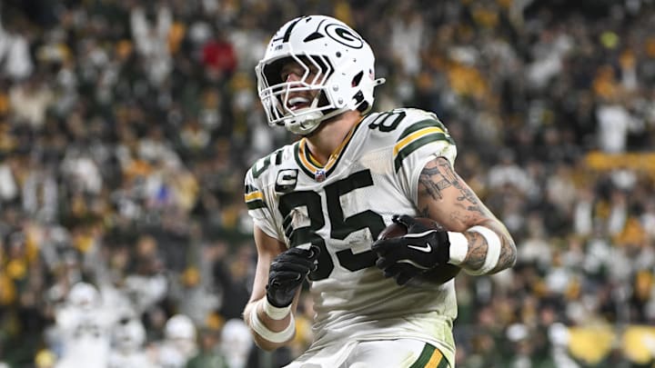 Oct 26, 2025; Pittsburgh, Pennsylvania, USA; Green Bay Packers tight end Tucker Kraft (85) celebrates his touchdown against the Pittsburgh Steelers during the fourth quarter at Acrisure Stadium. Mandatory Credit: Barry Reeger-Imagn Images