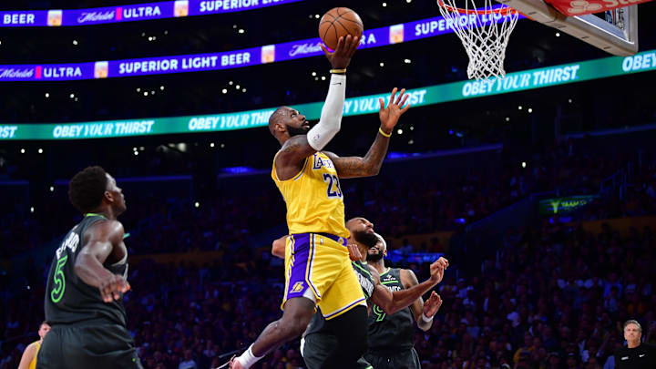 Apr 30, 2025; Los Angeles, California, USA; Los Angeles Lakers forward LeBron James (23) moves to the basket against the Minnesota Timberwolves during the first half in game five of first round for the 2025 NBA Playoffs at Crypto.com Arena. Mandatory Credit: Gary A. Vasquez-Imagn Images