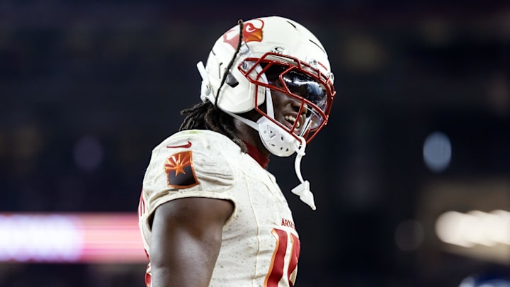Sep 25, 2025; Glendale, Arizona, USA; Arizona Cardinals wide receiver Marvin Harrison Jr. (18) against the Seattle Seahawks at State Farm Stadium. Mandatory Credit: Mark J. Rebilas-Imagn Images