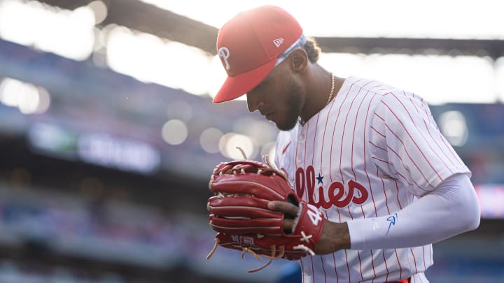 May 21, 2024; Philadelphia, Pennsylvania, USA; Philadelphia Phillies outfielder Johan Rojas (18) in a game against the Texas Rangers at Citizens Bank Park
