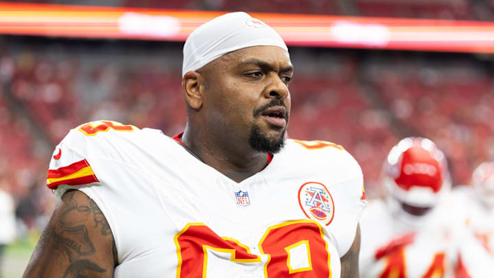 Aug 9, 2025; Glendale, Arizona, USA; Kansas City Chiefs defensive tackle Mike Pennel (69) against the Arizona Cardinals during a preseason NFL game at State Farm Stadium. Mandatory Credit: Mark J. Rebilas-Imagn Images