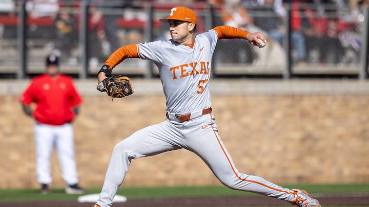 Texas pitcher Luke Harrison (53) throws a pitch in game two of the Big 12 baseball series against Texas Tech, Saturday, March 9, 2024, at Rip Griffin Park. Texas pitcher Luke Harrison (53) throws a pitch in game two of the Big 12 baseball series against Texas Tech, Saturday, March 9, 2024, at Rip Griffin Park.
