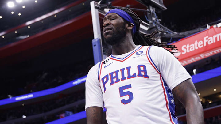 Jan 8, 2023; Detroit, Michigan, USA; Philadelphia 76ers center Montrezl Harrell (5) reacts during the first half against the Detroit Pistons at Little Caesars Arena. Mandatory Credit: Rick Osentoski-Imagn Images Jan 8, 2023; Detroit, Michigan, USA; Philadelphia 76ers center Montrezl Harrell (5) reacts during the first half against the Detroit Pistons at Little Caesars Arena. Mandatory Credit: Rick Osentoski-Imagn Images