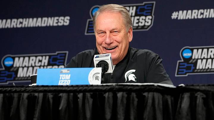 Mar 18, 2026; Buffalo, NY, USA; Michigan State Spartans Head Coach Tom Izzo answers questions during a press conference prior to a practice session ahead of the first round of the men's 2026 NCAA Tournament at Keybank Center. Mandatory Credit: Gregory Fisher-Imagn Images