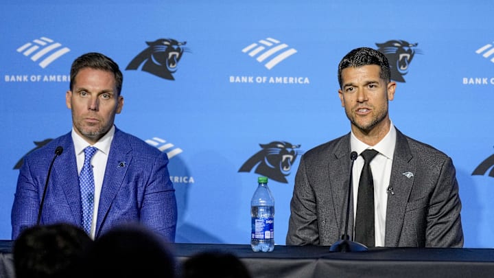 Feb 1, 2024; Charlotte, NC, USA;  Carolina Panthers head coach Dave Canales speaks to the media during the introductory press conference for new general manager Dan Morgan and head coach Dave Canales at Bank of America Stadium. Mandatory Credit: Jim Dedmon-Imagn Images