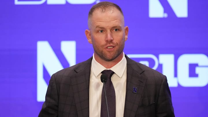 Jul 23, 2025; Las Vegas, NV, USA; Northwestern head coach David Braun speaks to the media during the Big Ten NCAA college football media days at Mandalay Bay Resort. Mandatory Credit: Lucas Peltier-Imagn Images