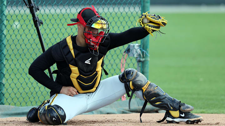 Feb 12, 2025; Bradenton, FL, USA;  Pittsburgh Pirates catcher Endy Rodriguez (5) during spring training workouts at Pirate City. Mandatory Credit: Kim Klement Neitzel-Imagn Images