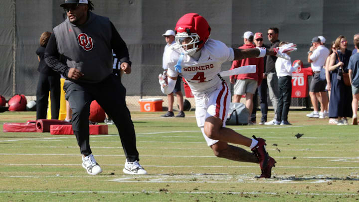 Oklahoma cornerback Courtland Guillory works through a drill at one of the Sooners' spring practices.