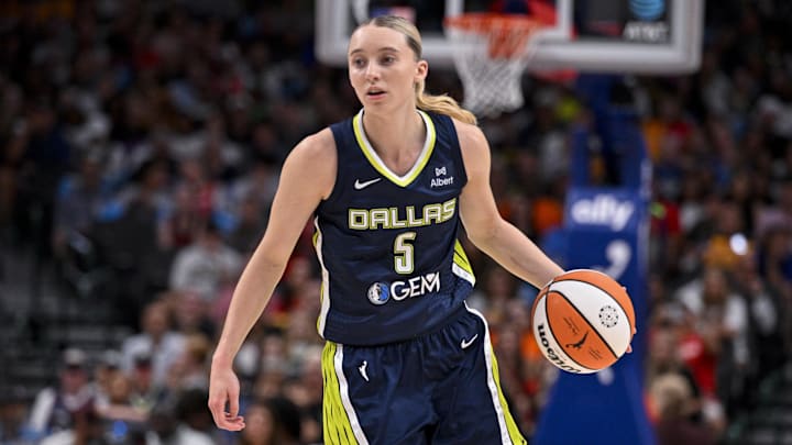 Aug 1, 2025; Dallas, Texas, USA; Dallas Wings guard Paige Bueckers (5) in action during the game between the Dallas Wings and the Indiana Fever at the American Airlines Center. Mandatory Credit: Jerome Miron-Imagn Images