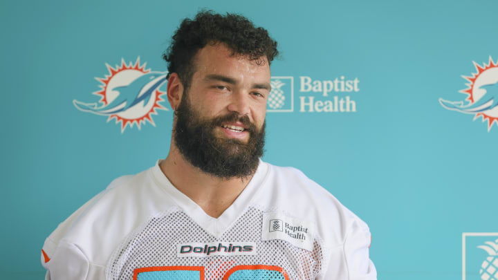Jul 26, 2023; Miami Gardens, FL, USA; Miami Dolphins guard Connor Williams (58) talks to reporters during training camp at Baptist Health Training Facility. Mandatory Credit: Sam Navarro-USA TODAY Sports Jul 26, 2023; Miami Gardens, FL, USA; Miami Dolphins guard Connor Williams (58) talks to reporters during training camp at Baptist Health Training Facility. Mandatory Credit: Sam Navarro-USA TODAY Sports