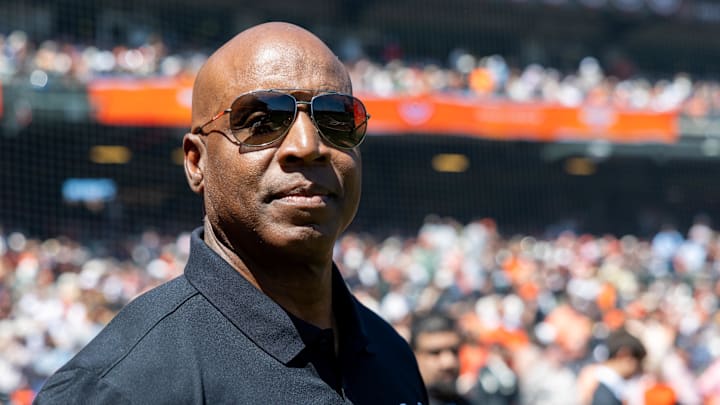 Apr 4, 2025; San Francisco, California, USA; San Francisco Giants legend Barry Bonds is introduced before the game against the Seattle Mariners at Oracle Park. 