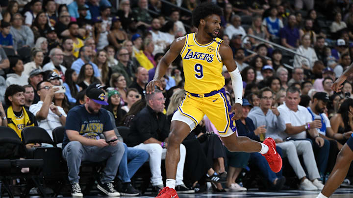 Oct 4, 2024; Palm Desert, California, USA; Los Angeles Lakers guard Bronny James (9) runs the court against the Minnesota Timberwolves during the first half at Acrisure Arena. Mandatory Credit: Jonathan Hui-Imagn Images