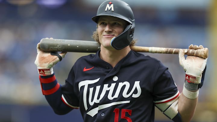 Apr 26, 2026; St. Petersburg, Florida, USA; Minnesota Twins second baseman Luke Keaschall (15) reacts after being called out on a strike against the Tampa Bay Rays in the eighth inning at Tropicana Field.