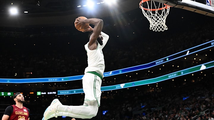 Oct 12, 2025; Boston, Massachusetts, USA; Boston Celtics guard/forward Jaylen Brown (7) dunks and scores against the Cleveland Cavaliers during the first half at TD Garden. Mandatory Credit: Brian Fluharty-Imagn Images Oct 12, 2025; Boston, Massachusetts, USA; Boston Celtics guard/forward Jaylen Brown (7) dunks and scores against the Cleveland Cavaliers during the first half at TD Garden. Mandatory Credit: Brian Fluharty-Imagn Images