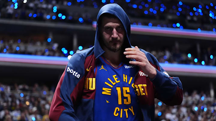 May 9, 2025; Denver, Colorado, USA; Denver Nuggets center Nikola Jokic (15) on the bench in the fourth quarter against the Oklahoma City Thunder during game three of the second round for the 2025 NBA Playoffs at Ball Arena. Mandatory Credit: Ron Chenoy-Imagn Images