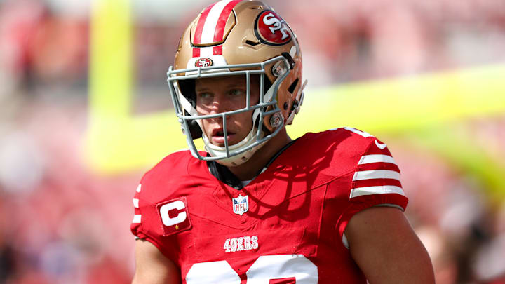 Nov 10, 2024; Tampa, Florida, USA; San Francisco 49ers running back Christian McCaffrey (23) warms up before a game against the Tampa Bay Buccaneers at Raymond James Stadium. Mandatory Credit: Nathan Ray Seebeck-Imagn Images