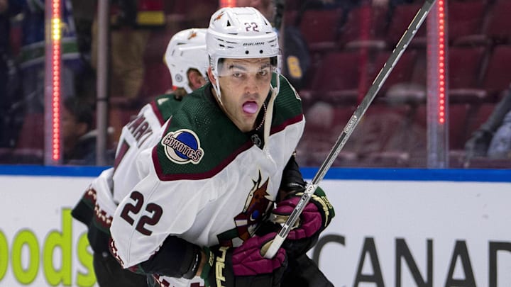 Apr 10, 2024; Vancouver, British Columbia, CAN; Arizona Coyotes forward Jack McBain (22) skates during warm up prior to a game against the Vancouver Canucks at Rogers Arena.  Mandatory Credit: Bob Frid-Imagn Images