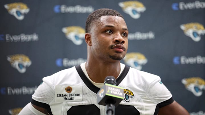Jul 24, 2024; Jacksonville, FL, USA; Jacksonville Jaguars  cornerback Tyson Campbell (32) participates in training camp at Miller Electric Center. Mandatory Credit: Nathan Ray Seebeck-Imagn Images