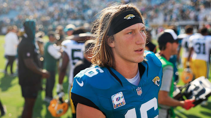 Jacksonville Jaguars quarterback Trevor Lawrence (16) walks off the field after the game of an NFL football matchup Sunday, Oct. 27, 2024 at EverBank Stadium in Jacksonville, Fla. The Packers edged the Jaguars 30-27 on a last-second field goal. 