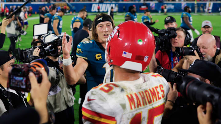 Jacksonville Jaguars quarterback Trevor Lawrence (16) greets Kansas City Chiefs quarterback Patrick Mahomes (15) after the game of an NFL football matchup at EverBank Stadium, Monday, Oct. 6, 2025, in Jacksonville, Fla. The Jacksonville Jaguars edged the Kansas City Chiefs 31-28.