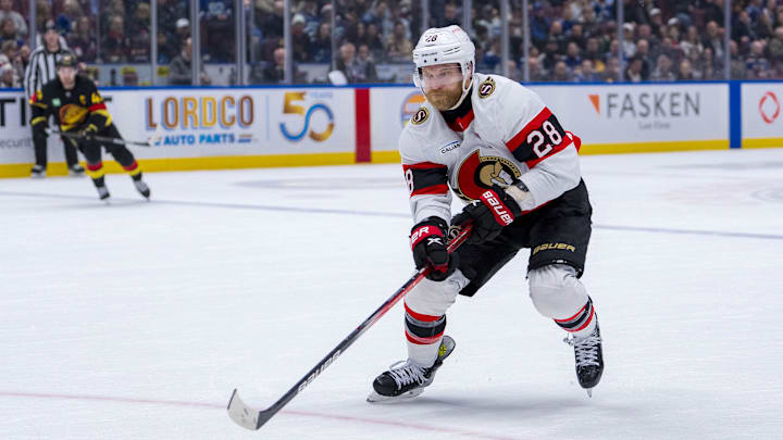 Dec 21, 2024; Vancouver, British Columbia, CAN;  Ottawa Senators forward Claude Giroux (28) skates against the Vancouver Canucks during the first period at Rogers Arena. Mandatory Credit: Bob Frid-Imagn Images