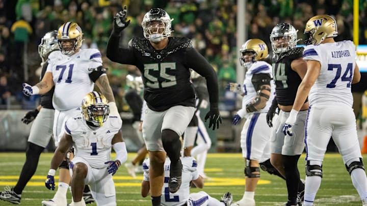Oregon defensive lineman Derrick Harmon celebrates a sack as the No. 1 Oregon Ducks host the Washington Huskies Saturday, Nov. 30, 2024 at Autzen Stadium in Eugene, Ore. Oregon defensive lineman Derrick Harmon celebrates a sack as the No. 1 Oregon Ducks host the Washington Huskies Saturday, Nov. 30, 2024 at Autzen Stadium in Eugene, Ore.