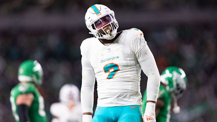 Miami Dolphins linebacker Bradley Chubb (2) reacts after a defensive stop against the Philadelphia Eagles during the third quarter at Lincoln Financial Field. Miami Dolphins linebacker Bradley Chubb (2) reacts after a defensive stop against the Philadelphia Eagles during the third quarter at Lincoln Financial Field.