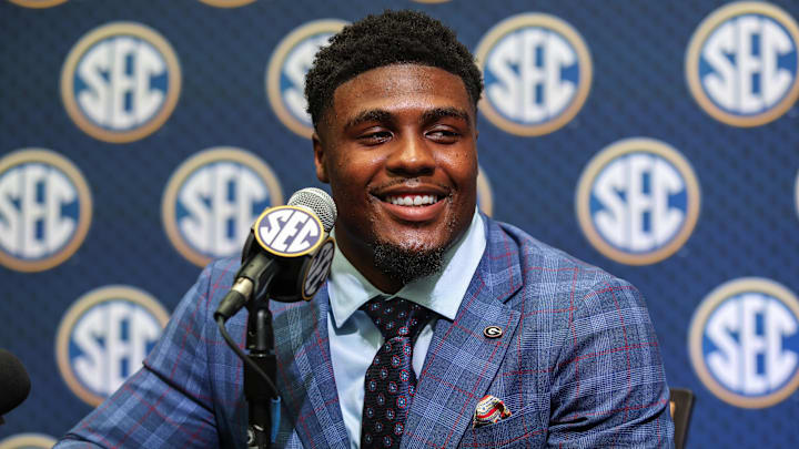 Georgia Bulldogs line backer CJ Allen answers questions from the media during SEC Media Days at Omni Atlanta Hotel. 