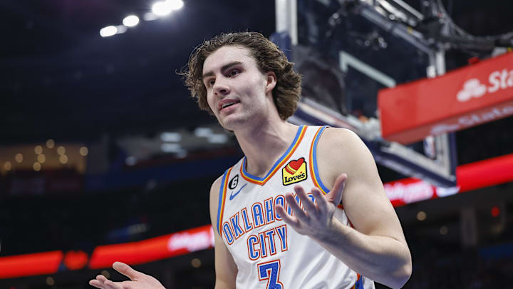 Oklahoma City Thunder guard Josh Giddey (3) reacts to a play against the New Orleans Pelicans during the second half at Paycom Center. Oklahoma City Thunder guard Josh Giddey (3) reacts to a play against the New Orleans Pelicans during the second half at Paycom Center.