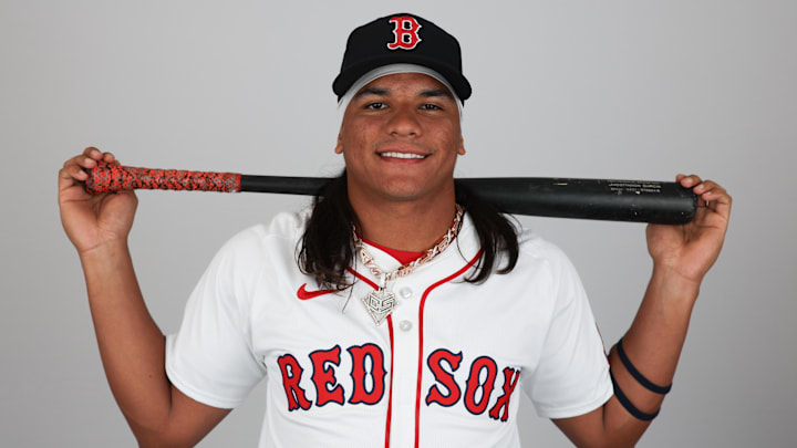 Feb 18, 2025; Lee County, FL, USA; Boston Red Sox outfielder Jhostynxon Garcia (91) participates in media day at JetBlue Park at Fenway South. Mandatory Credit: Nathan Ray Seebeck-Imagn Images