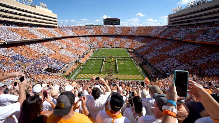 The University of Tennessee football team takes the field as the Pride of the Southland marching band performs a pregame show and fans checker Neyland Stadium orange and white for the Florida game on Saturday, Sept. 24, 2016. (MICHAEL PATRICK/NEWS SENTINEL)