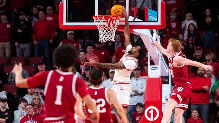 Dec 13, 2024; Lincoln, Nebraska, USA; Nebraska Cornhuskers guard Brice Williams (3) shoots the ball against Indiana Hoosiers forward Luke Goode (10) during the second half at Pinnacle Bank Arena. Dec 13, 2024; Lincoln, Nebraska, USA; Nebraska Cornhuskers guard Brice Williams (3) shoots the ball against Indiana Hoosiers forward Luke Goode (10) during the second half at Pinnacle Bank Arena.
